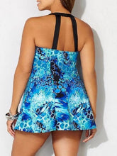 Plus Size Women's One Piece Swim Dress, Open Back, Floral Blue, V Wire, Padded, Modern Vacation Swimwear